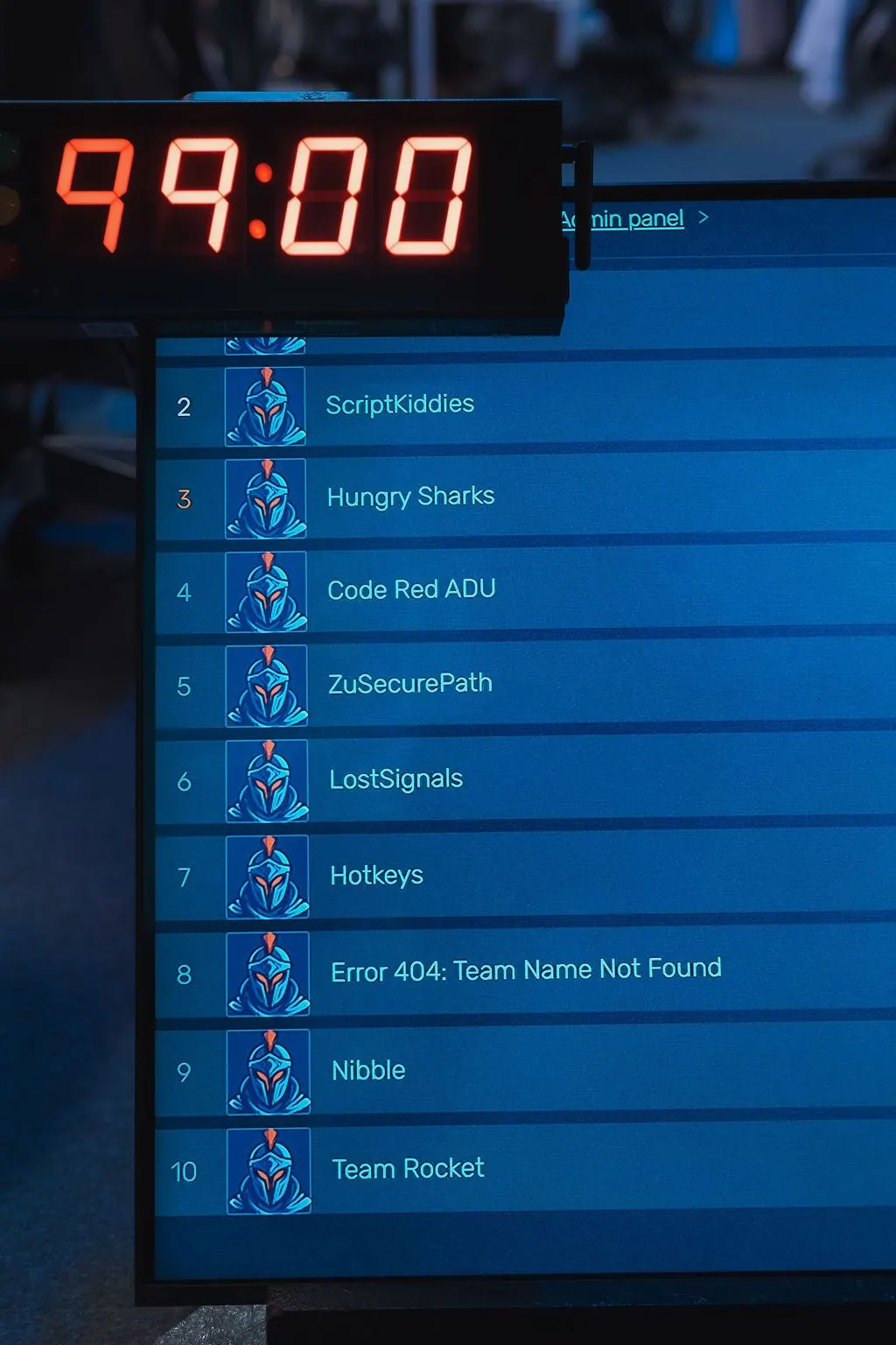 Live scoreboard with the countdown clock and the team standings at the final